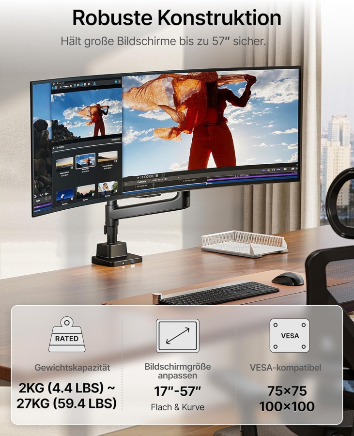 monTEK Monitor Halterung 1 Monitor für 17-57" Monitore, bis 27kg, verlängerte Stange, extreme Traglast, mit USB-C, für Gaming Monitore