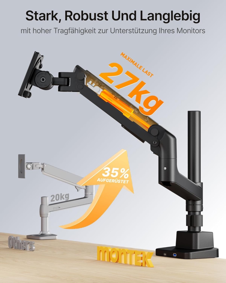 monTEK Monitor Halterung 1 Monitor für 17-57" Monitore, bis 27kg, verlängerte Stange, extreme Traglast, mit USB-C, für Gaming Monitore