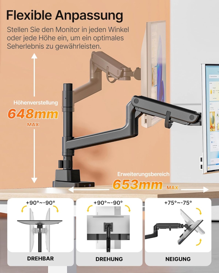 monTEK Monitor Halterung 1 Monitor für 17-57" Monitore, bis 27kg, verlängerte Stange, extreme Traglast, mit USB-C, für Gaming Monitore