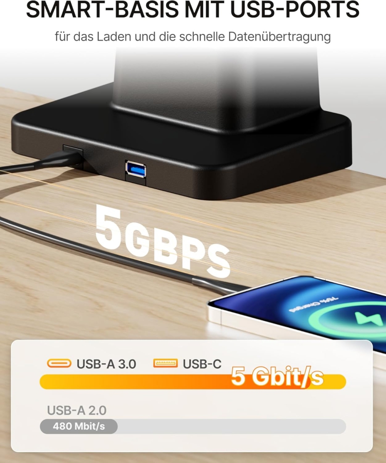 monTEK Monitor Halterung 1 Monitor für 17-57" Monitore, bis 27kg, verlängerte Stange, extreme Traglast, mit USB-C, für Gaming Monitore