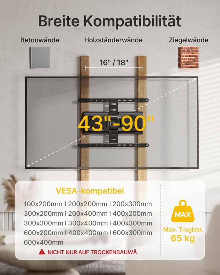 monTEK Ultra Slim TV Wandhalterung für 43-90 Zoll (Nur 2 cm Wandabstand) (Extrem flaches Design (0,77") mit Full-Motion Gelenkarm – 50 kg Traglast, VESA 600x400.)