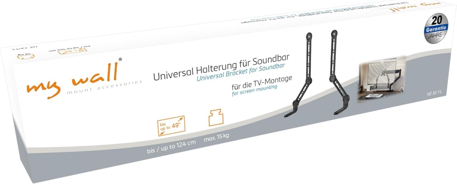 my wall Universal Soundbar Halterung für TV bis 49 Zoll (HZ32-1L) (Platzsparende Befestigung am Bildschirm (Neig- & Schwenkbar) bis 15 kg – Mit Vibrationsschutz & 20 Jahren Garantie)
