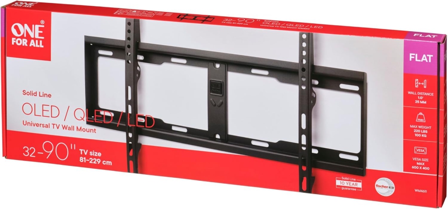 One for All TV-Wandhalterung Flach für 32-90 Zoll Fernseher (WM4611) (Extrem robuste Halterung der Solid-Serie (bis 100 kg) – Nur 25 mm Wandabstand – VESA bis 600x400.)