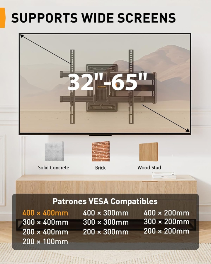 Perlegear Extra Lange TV Wandhalterung 70cm Auszug für 32-65 Zoll (Max. 60 kg) (Full Motion Eck-Halterung mit 700mm Arm – ±90° Schwenkbar, Neigbar & VESA 400x400.)