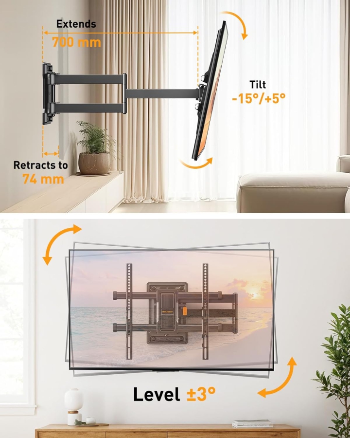 Perlegear Extra Lange TV Wandhalterung 70cm Auszug für 32-65 Zoll (Max. 60 kg) (Full Motion Eck-Halterung mit 700mm Arm – ±90° Schwenkbar, Neigbar & VESA 400x400.)