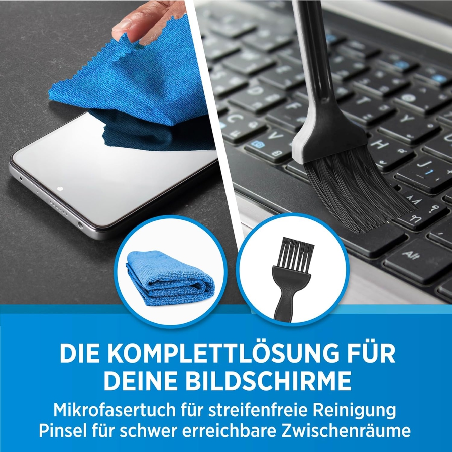 PRINOX Bildschirmreiniger Set 250ml mit Mikrofasertuch & Pinsel (Made in Germany: Streifenfreie Pflege für LCD, OLED & VESA-Monitore – Entfernt Fett & Fingerabdrücke.)