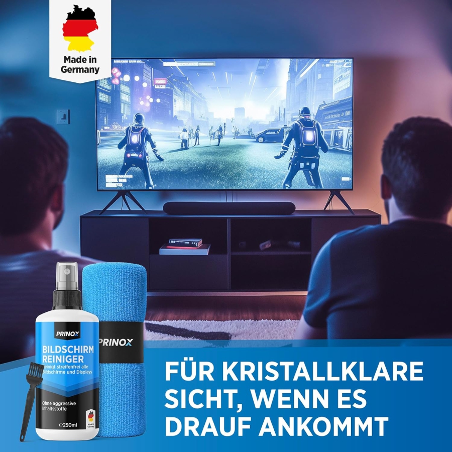 PRINOX Bildschirmreiniger Set 250ml mit Mikrofasertuch & Pinsel (Made in Germany: Streifenfreie Pflege für LCD, OLED & VESA-Monitore – Entfernt Fett & Fingerabdrücke.)