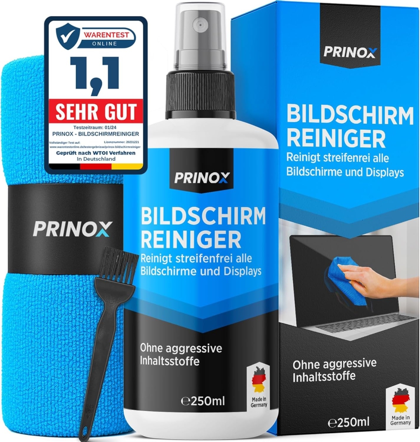 PRINOX Bildschirmreiniger Set 250ml mit Mikrofasertuch & Pinsel (Made in Germany: Streifenfreie Pflege für LCD, OLED & VESA-Monitore – Entfernt Fett & Fingerabdrücke.)