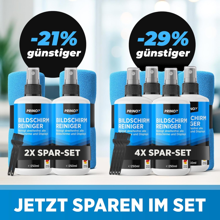 PRINOX Bildschirmreiniger Set 250ml mit Mikrofasertuch & Pinsel (Made in Germany: Streifenfreie Pflege für LCD, OLED & VESA-Monitore – Entfernt Fett & Fingerabdrücke.)