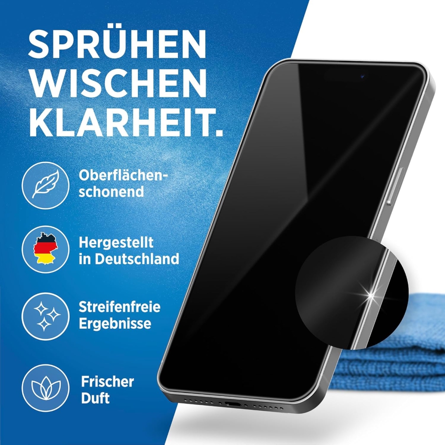 PRINOX Bildschirmreiniger Set 250ml mit Mikrofasertuch & Pinsel (Made in Germany: Streifenfreie Pflege für LCD, OLED & VESA-Monitore – Entfernt Fett & Fingerabdrücke.)