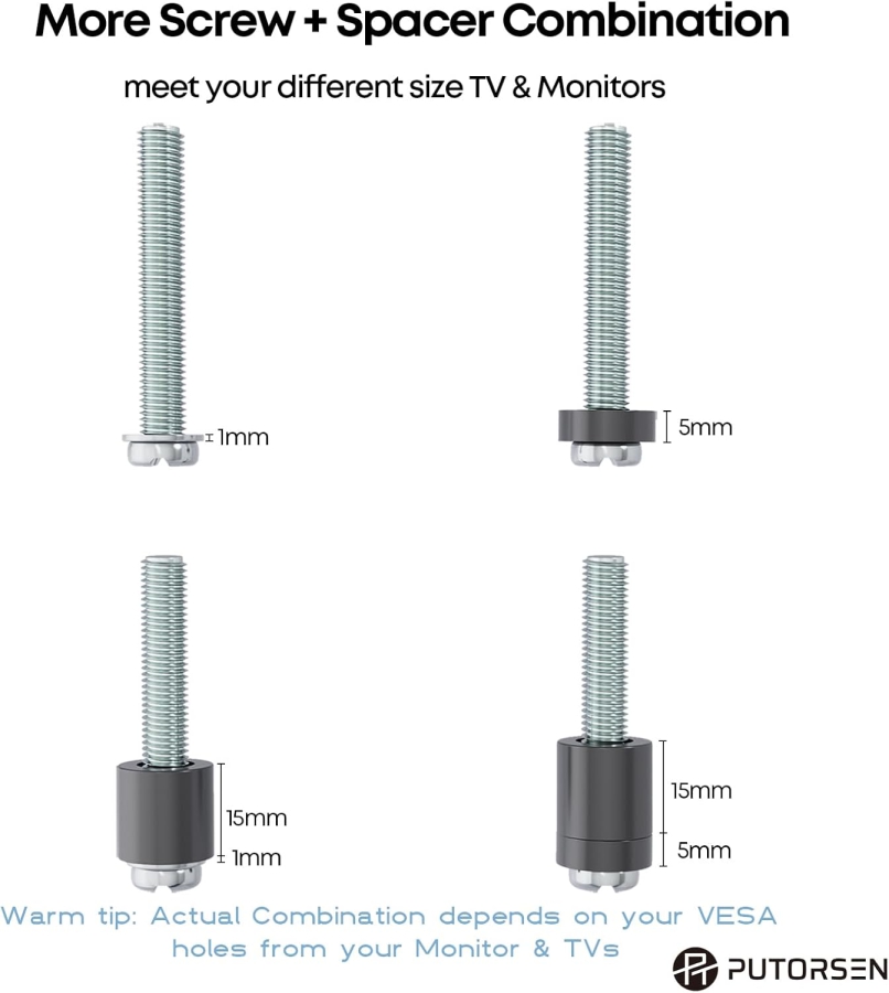 PUTORSEN Universal VESA Schrauben Set für Fernseher bis 90 Zoll (M4, M5, M6, M8) (Komplettes Hardware-Kit für Wandhalterungen & Ständer – Inkl. Abstandshalter & Unterlegscheiben.)