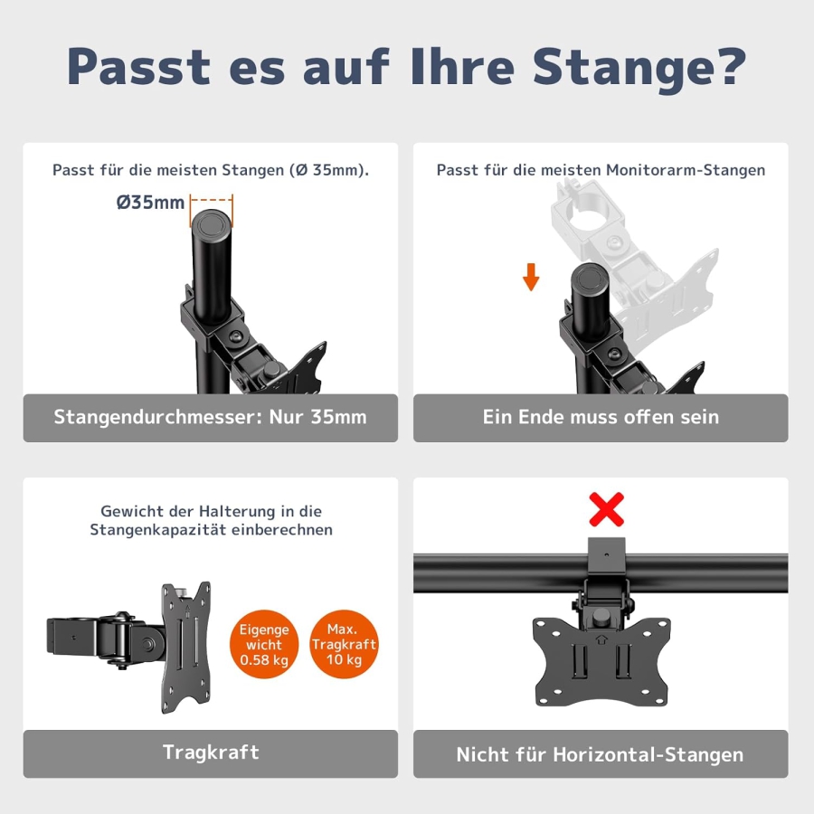 PUTORSEN Universelle Stahlhalterung für Monitorständer (17-32 Zoll, 3,5 cm Stange) (Robuster Einzelarm bis 10 kg – VESA 75x75/100x100 mm, Neigbar, Schwenkbar & 360° Drehbar.)