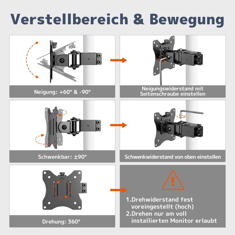 PUTORSEN Universelle Stahlhalterung für Monitorständer (17-32 Zoll, 3,5 cm Stange) (Robuster Einzelarm bis 10 kg – VESA 75x75/100x100 mm, Neigbar, Schwenkbar & 360° Drehbar.)