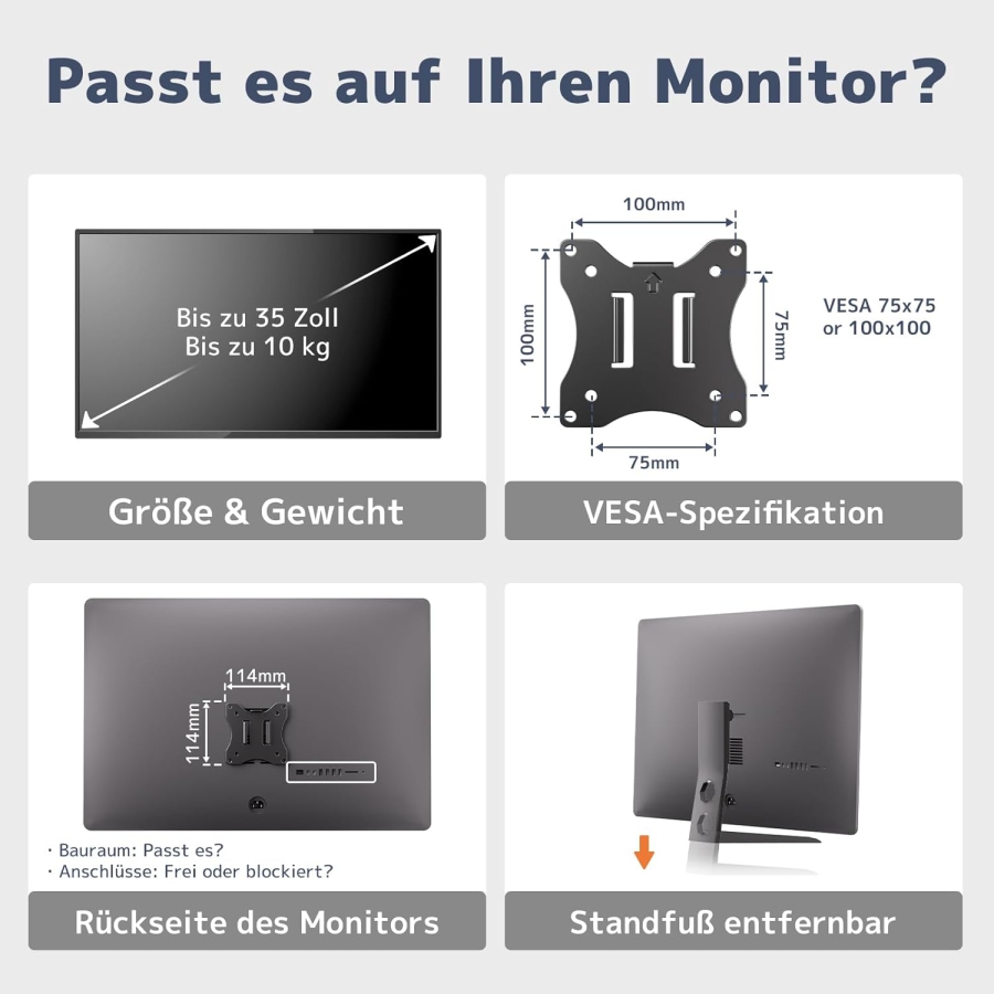 PUTORSEN Universelle Stahlhalterung für Monitorständer (17-32 Zoll, 3,5 cm Stange) (Robuster Einzelarm bis 10 kg – VESA 75x75/100x100 mm, Neigbar, Schwenkbar & 360° Drehbar.)