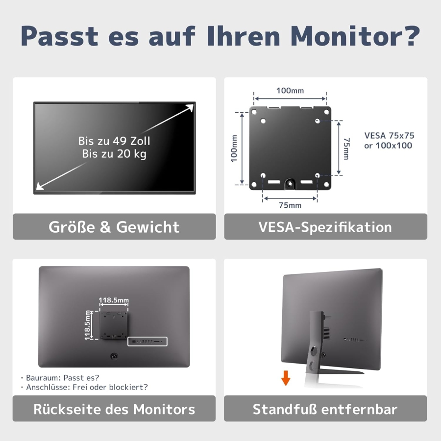 PUTORSEN Universelle Stahlhalterung für Monitorständer bis 49 Zoll (3,5 cm Stange) (Schwerlast-Arm bis 20 kg – Für Ultrawide Monitore, VESA 75/100, Neigbar & 360° Drehbar.)