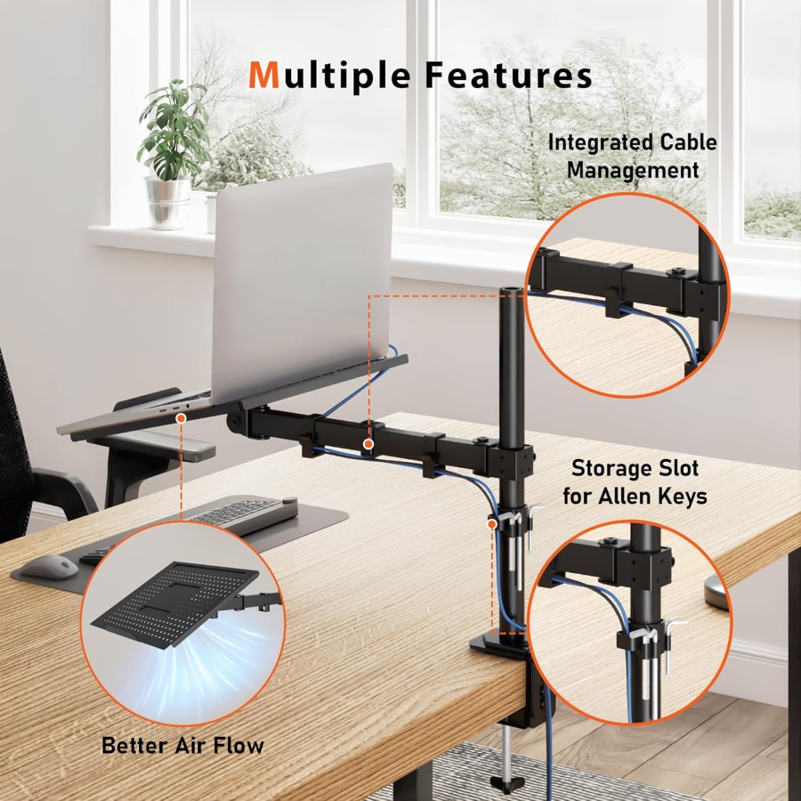 Redbat Monitorarm mit belüfteter Laptopablage, voll einstellbar für 13 bis 32 Zoll LCD LED Bildschirm & bis zu 16 Zoll Notebook, 2 Befestigungsmöglichkeiten, Neigen, Schwenken & Drehen