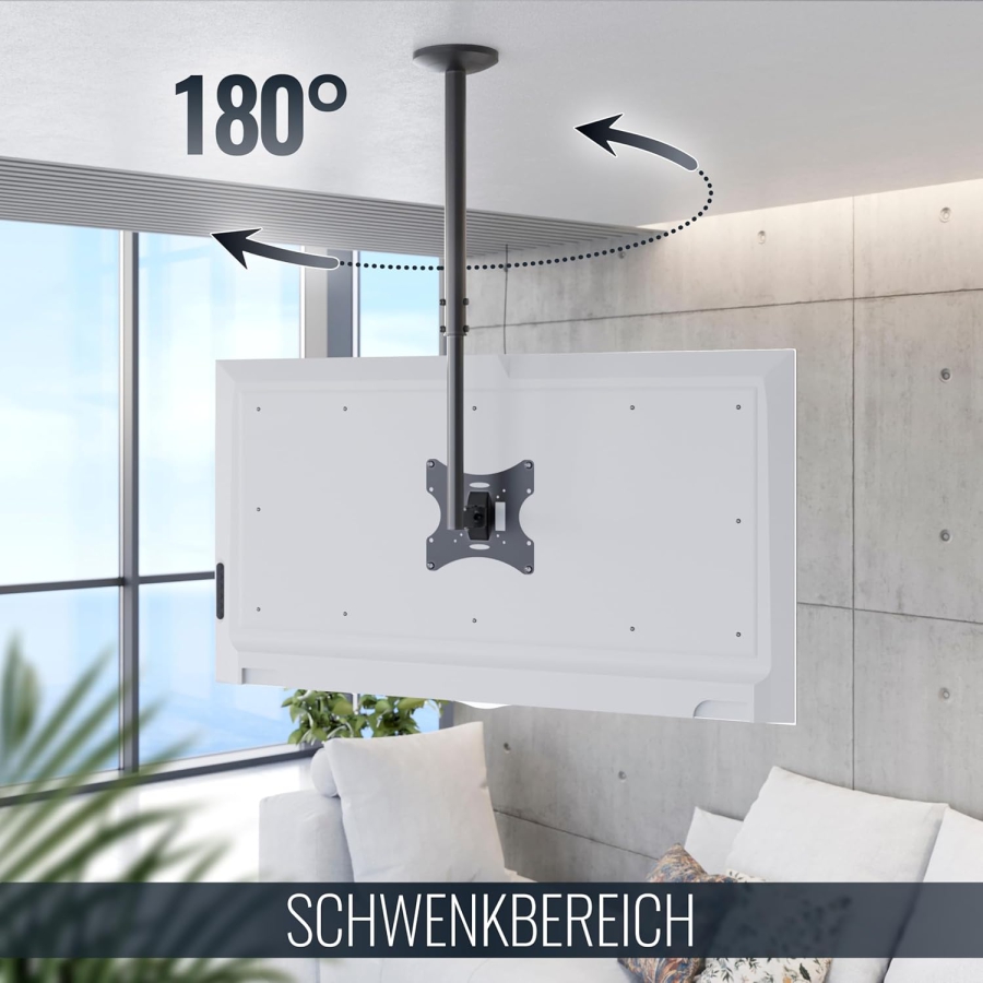 RICOO Monitor & TV Deckenhalterung (D0322) für 32–55 Zoll (Flexibler Deckenhalter: Schwenkbar, Neigbar & Höhenverstellbar bis 20 kg – VESA max. 200x200 mm.)