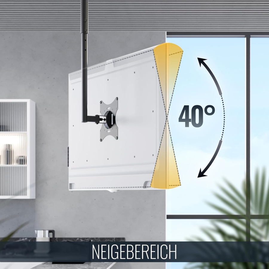 RICOO Monitor & TV Deckenhalterung (D0322) für 32–55 Zoll (Flexibler Deckenhalter: Schwenkbar, Neigbar & Höhenverstellbar bis 20 kg – VESA max. 200x200 mm.)