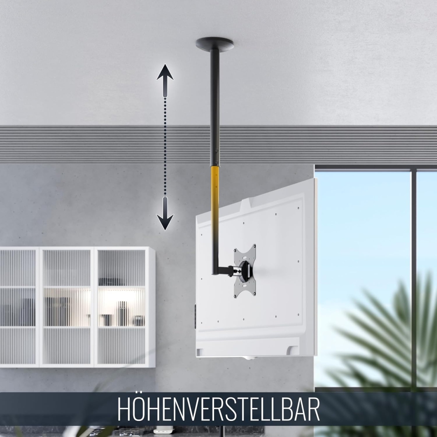 RICOO Monitor & TV Deckenhalterung (D0322) für 32–55 Zoll (Flexibler Deckenhalter: Schwenkbar, Neigbar & Höhenverstellbar bis 20 kg – VESA max. 200x200 mm.)