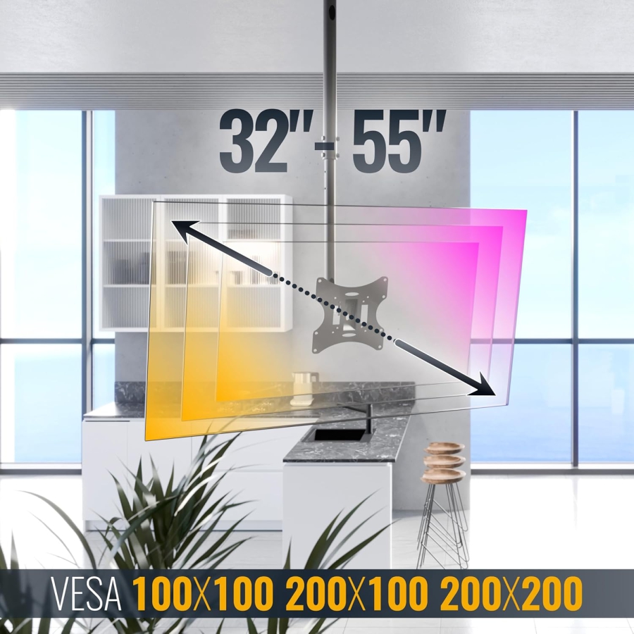 RICOO Monitor & TV Deckenhalterung (D0322) für 32–55 Zoll (Flexibler Deckenhalter: Schwenkbar, Neigbar & Höhenverstellbar bis 20 kg – VESA max. 200x200 mm.)