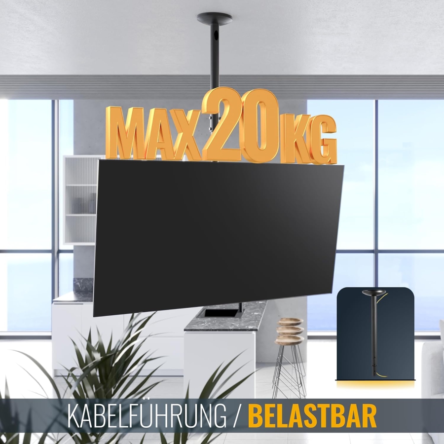 RICOO Monitor & TV Deckenhalterung (D0322) für 32–55 Zoll (Flexibler Deckenhalter: Schwenkbar, Neigbar & Höhenverstellbar bis 20 kg – VESA max. 200x200 mm.)