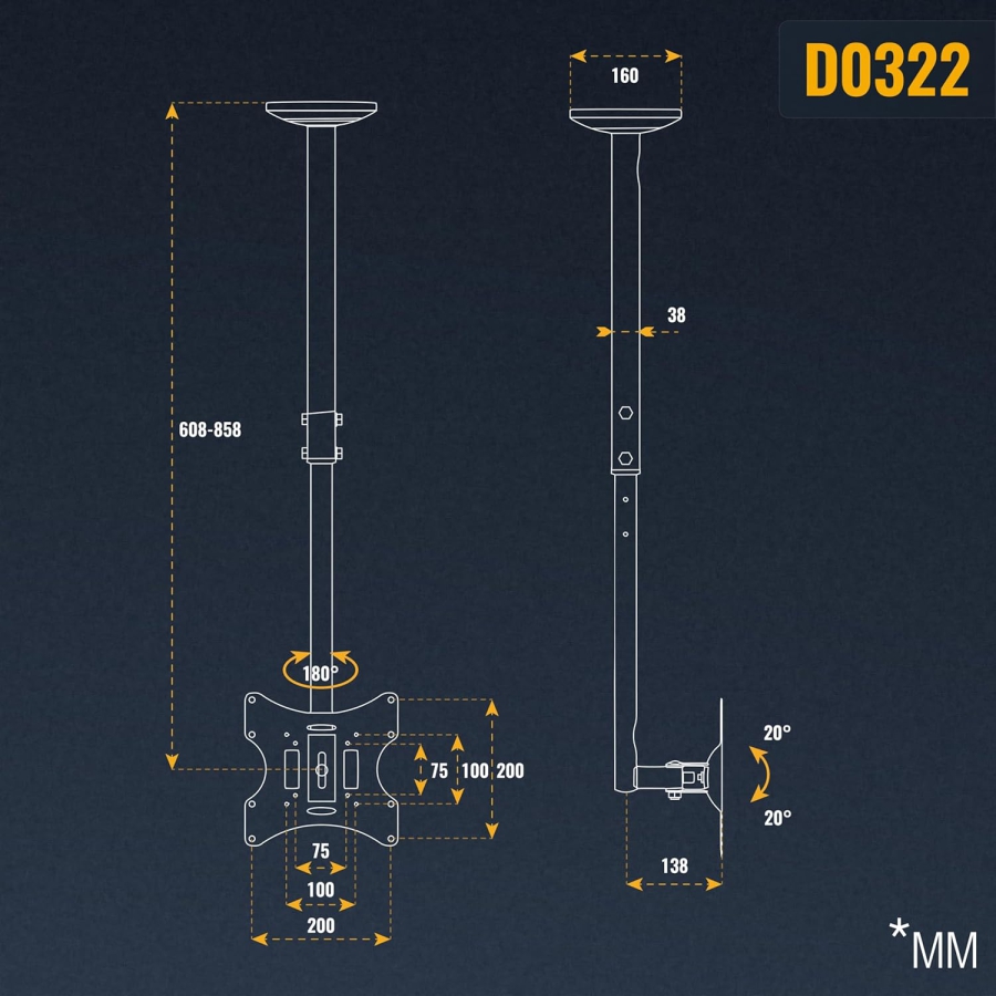 RICOO Monitor & TV Deckenhalterung (D0322) für 32–55 Zoll (Flexibler Deckenhalter: Schwenkbar, Neigbar & Höhenverstellbar bis 20 kg – VESA max. 200x200 mm.)