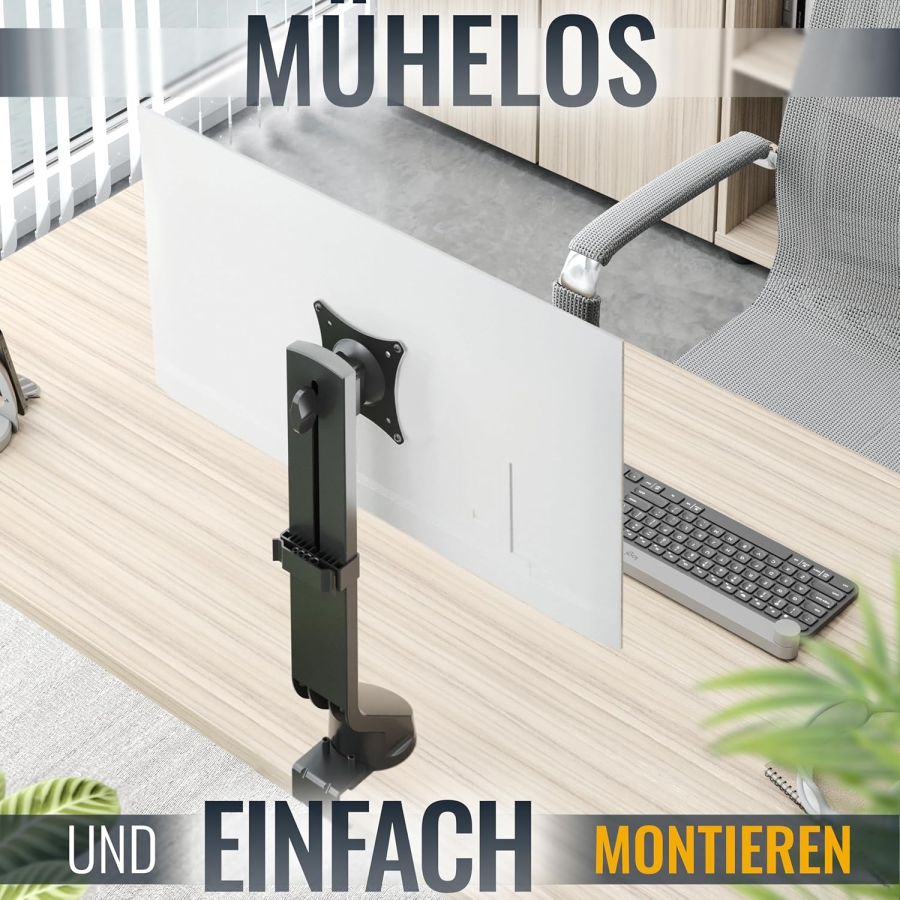 RICOO Monitor Tischhalterung (TS2011) für 13–32 Zoll Bildschirme (Robuster Monitorständer mit Tischklemme für Displays bis 7 kg – Höhenverstellbar & Drehbar.)