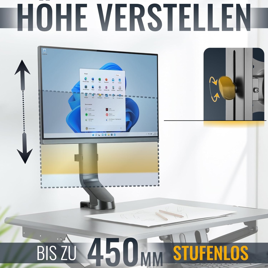 RICOO Monitor Tischhalterung (TS2011) für 13–32 Zoll Bildschirme (Robuster Monitorständer mit Tischklemme für Displays bis 7 kg – Höhenverstellbar & Drehbar.)