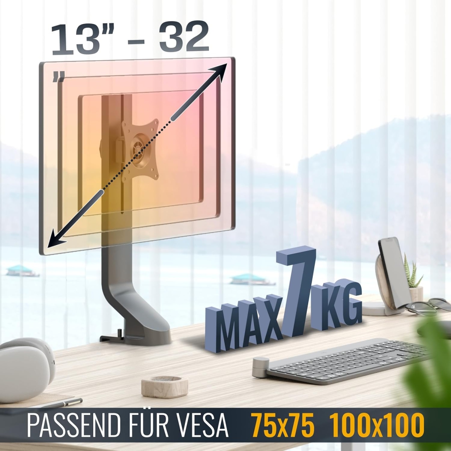 RICOO Monitor Tischhalterung (TS2011) für 13–32 Zoll Bildschirme (Robuster Monitorständer mit Tischklemme für Displays bis 7 kg – Höhenverstellbar & Drehbar.)
