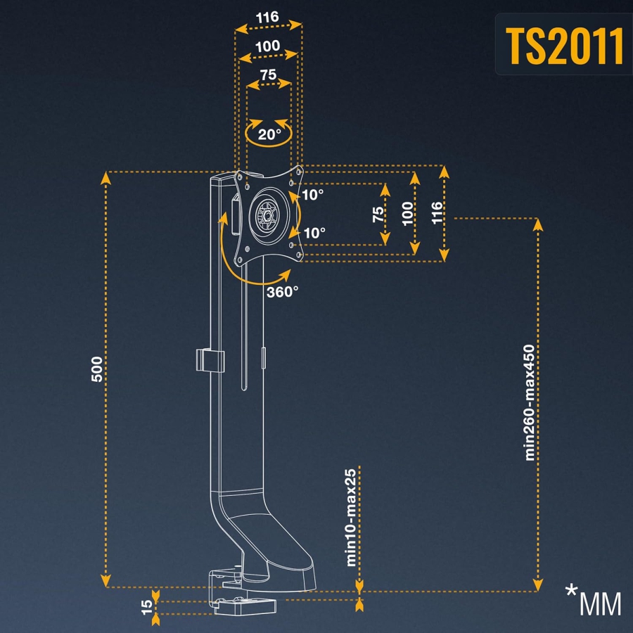 RICOO Monitor Tischhalterung (TS2011) für 13–32 Zoll Bildschirme (Robuster Monitorständer mit Tischklemme für Displays bis 7 kg – Höhenverstellbar & Drehbar.)