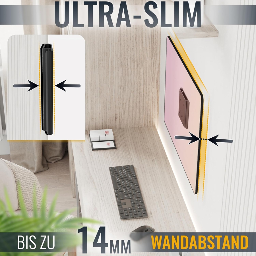 RICOO Monitorhalterung Wand F0311 für 13-34 Zoll – Fest & Slim (14mm Abstand), VESA 75/100, bis 30kg (Ultraflache Wandhalterung für PC-Monitore: Minimalistisches Design, maximale Stabilität und kinderleichte Montage.)