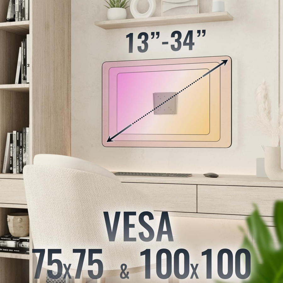 RICOO Monitorhalterung Wand F0311 für 13-34 Zoll – Fest & Slim (14mm Abstand), VESA 75/100, bis 30kg (Ultraflache Wandhalterung für PC-Monitore: Minimalistisches Design, maximale Stabilität und kinderleichte Montage.)
