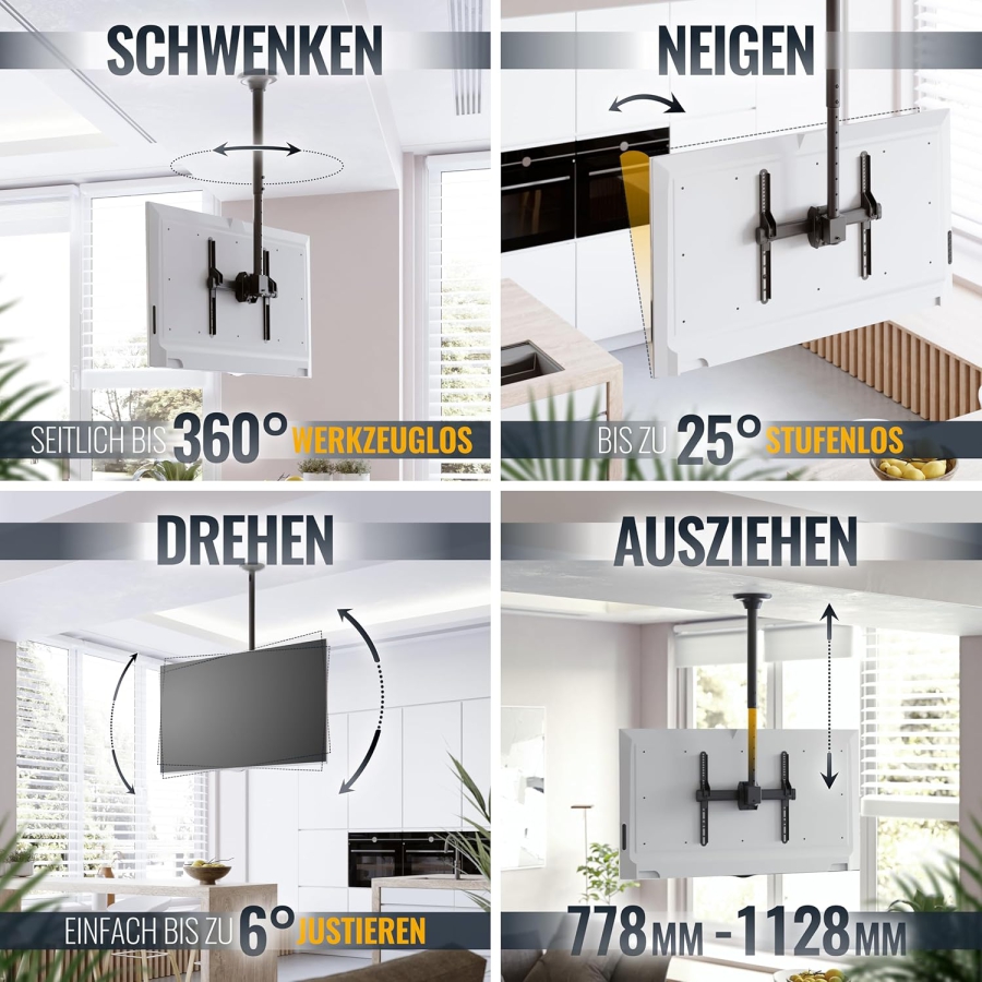RICOO TV Deckenhalterung (D0244) für 32–55 Zoll Fernseher (Robuster Deckenhalter bis 50 kg Tragkraft – 360° Drehbar, Neigbar & Höhenverstellbar.)