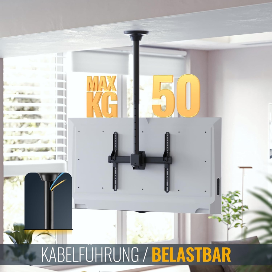 RICOO TV Deckenhalterung (D0244) für 32–55 Zoll Fernseher (Robuster Deckenhalter bis 50 kg Tragkraft – 360° Drehbar, Neigbar & Höhenverstellbar.)