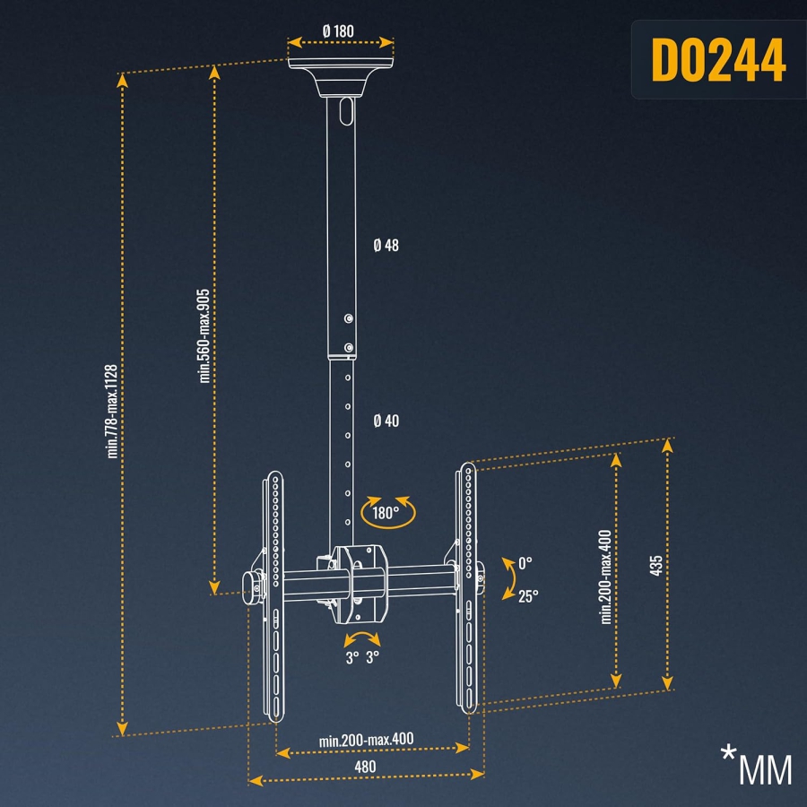 RICOO TV Deckenhalterung (D0244) für 32–55 Zoll Fernseher (Robuster Deckenhalter bis 50 kg Tragkraft – 360° Drehbar, Neigbar & Höhenverstellbar.)