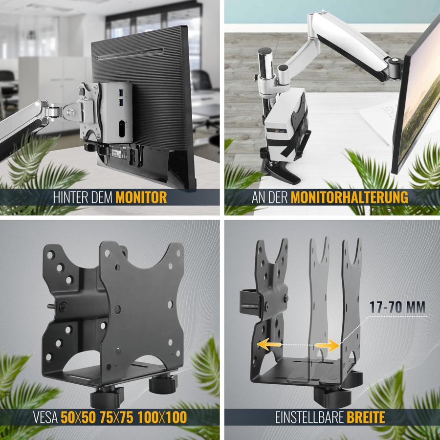 RICOO Universal Mini PC Halterung (TRH-01) für VESA, Wand & Untertisch (Verstellbare Stahl-Halterung für Thin Clients & Intel NUC (17–70 mm) bis 5 kg – Inkl. Sicherheitsgurt)