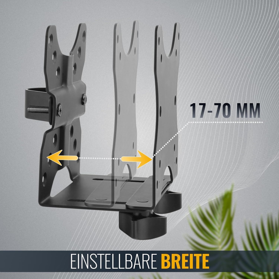 RICOO Universal Mini PC Halterung (TRH-01) für VESA, Wand & Untertisch (Verstellbare Stahl-Halterung für Thin Clients & Intel NUC (17–70 mm) bis 5 kg – Inkl. Sicherheitsgurt)