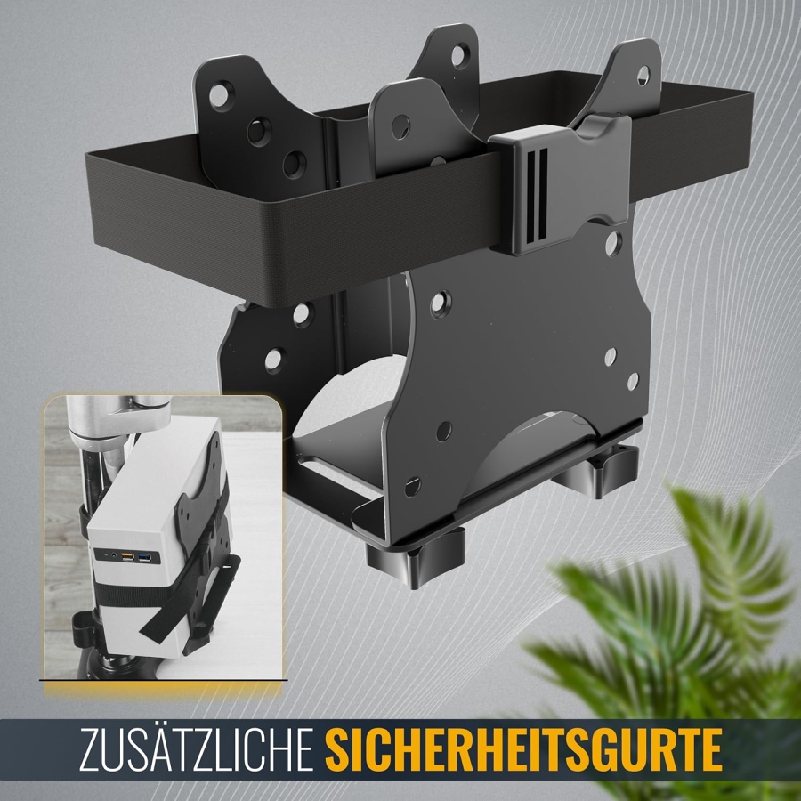RICOO Universal Mini PC Halterung (TRH-01) für VESA, Wand & Untertisch (Verstellbare Stahl-Halterung für Thin Clients & Intel NUC (17–70 mm) bis 5 kg – Inkl. Sicherheitsgurt)
