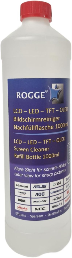 ROGGE 1l Bildschirmreiniger Nachfüllflasche – Das Original seit 1998 für alle Displays (Streifenfreie Profi-Reinigung für Monitore, TV & Glas – Schonend, ergiebig & ohne aggressive Inhaltsstoffe.)