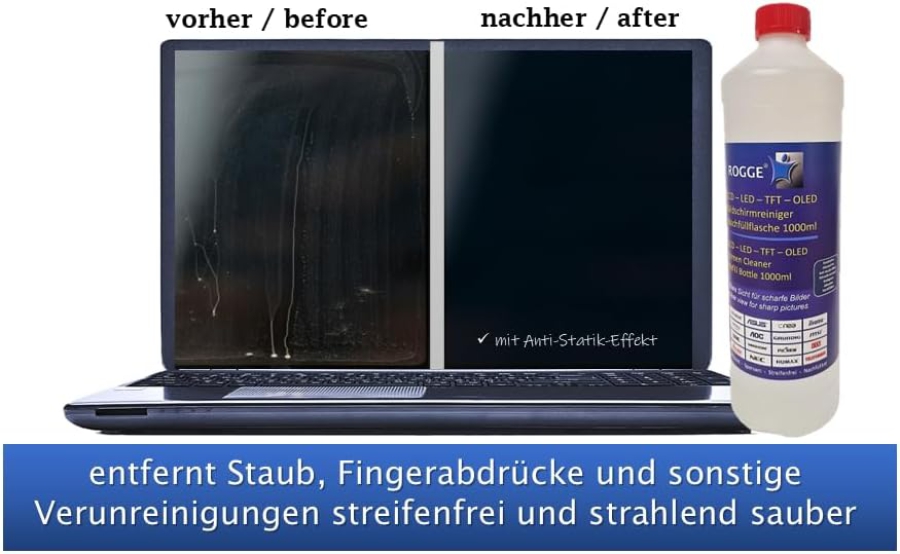 ROGGE 1l Bildschirmreiniger Nachfüllflasche – Das Original seit 1998 für alle Displays (Streifenfreie Profi-Reinigung für Monitore, TV & Glas – Schonend, ergiebig & ohne aggressive Inhaltsstoffe.)