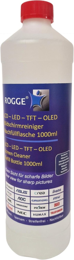 ROGGE 1l Bildschirmreiniger Nachfüllflasche – Das Original seit 1998 für alle Displays (Streifenfreie Profi-Reinigung für Monitore, TV & Glas – Schonend, ergiebig & ohne aggressive Inhaltsstoffe.)