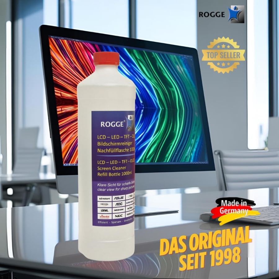 ROGGE 1l Bildschirmreiniger Nachfüllflasche – Das Original seit 1998 für alle Displays (Streifenfreie Profi-Reinigung für Monitore, TV & Glas – Schonend, ergiebig & ohne aggressive Inhaltsstoffe.)