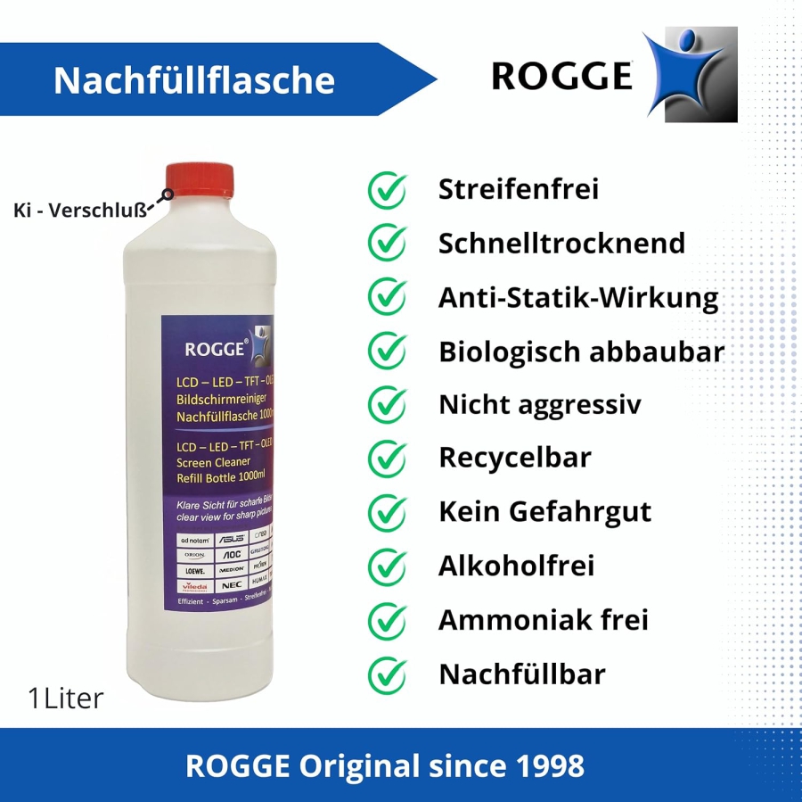 ROGGE 1l Bildschirmreiniger Nachfüllflasche – Das Original seit 1998 für alle Displays (Streifenfreie Profi-Reinigung für Monitore, TV & Glas – Schonend, ergiebig & ohne aggressive Inhaltsstoffe.)
