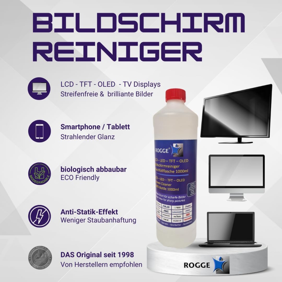 ROGGE 1l Bildschirmreiniger Nachfüllflasche – Das Original seit 1998 für alle Displays (Streifenfreie Profi-Reinigung für Monitore, TV & Glas – Schonend, ergiebig & ohne aggressive Inhaltsstoffe.)