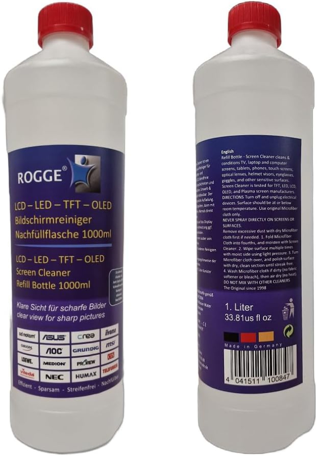 ROGGE 1l Bildschirmreiniger Nachfüllflasche – Das Original seit 1998 für alle Displays (Streifenfreie Profi-Reinigung für Monitore, TV & Glas – Schonend, ergiebig & ohne aggressive Inhaltsstoffe.)