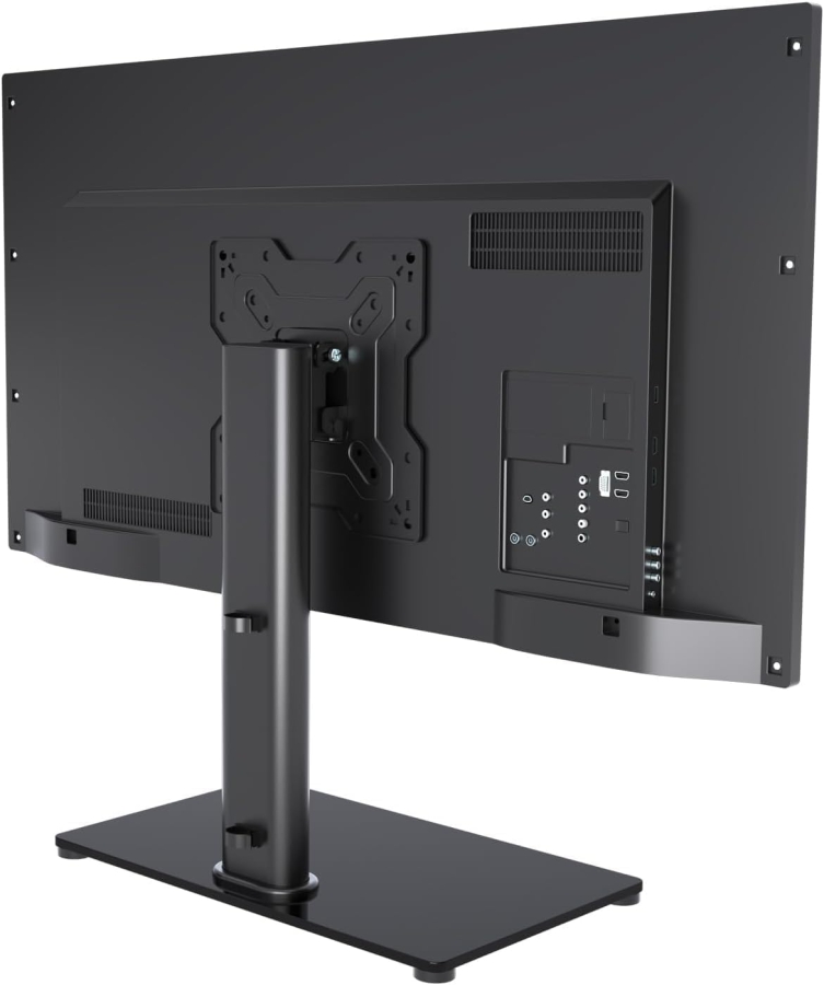 Universal TV & Monitor Ständer für 17–43 Zoll (Neigbar & Höhenverstellbar) (Eleganter Tischstandfuß mit Sicherheitsglas-Sockel für Bildschirme bis 40 kg – VESA max. 200x200 mm.)