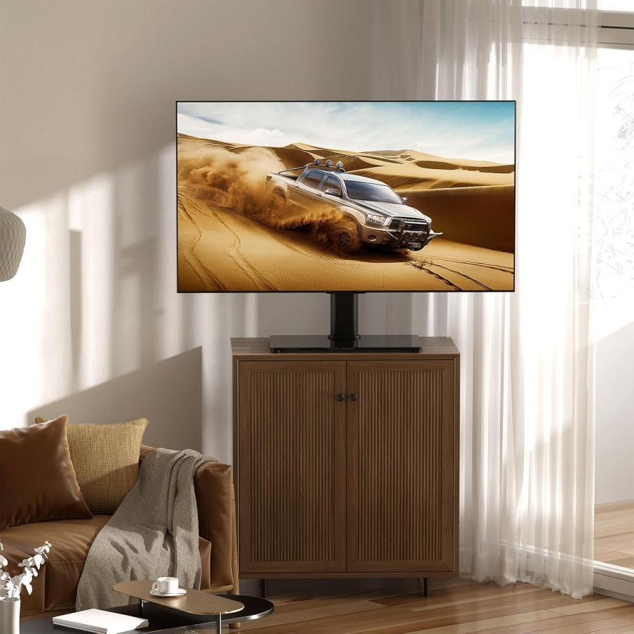 Universal TV & Monitor Ständer für 17–43 Zoll (Neigbar & Höhenverstellbar) (Eleganter Tischstandfuß mit Sicherheitsglas-Sockel für Bildschirme bis 40 kg – VESA max. 200x200 mm.)