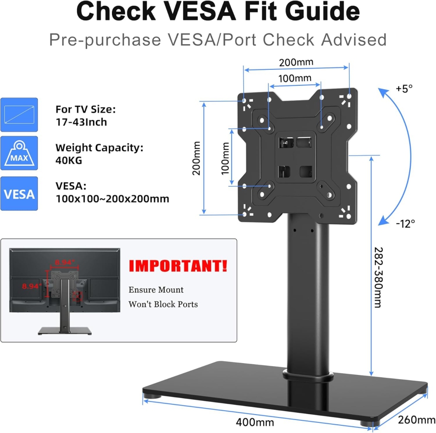 Universal TV & Monitor Ständer für 17–43 Zoll (Neigbar & Höhenverstellbar) (Eleganter Tischstandfuß mit Sicherheitsglas-Sockel für Bildschirme bis 40 kg – VESA max. 200x200 mm.)