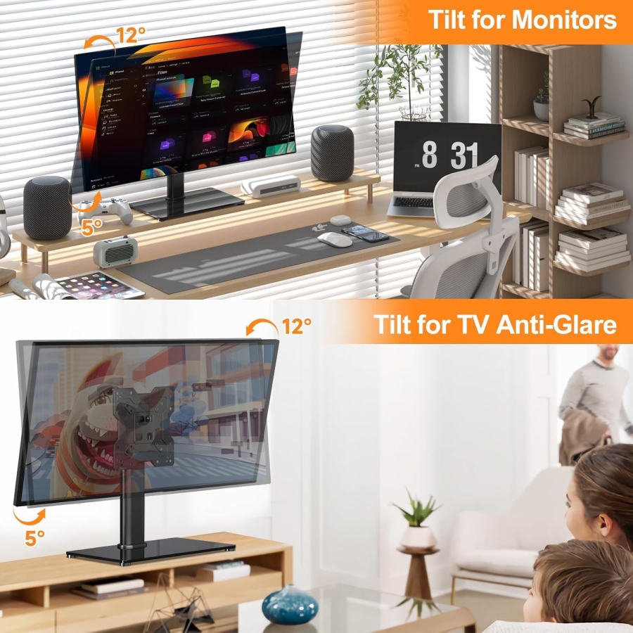 Universal TV & Monitor Ständer für 17–43 Zoll (Neigbar & Höhenverstellbar) (Eleganter Tischstandfuß mit Sicherheitsglas-Sockel für Bildschirme bis 40 kg – VESA max. 200x200 mm.)