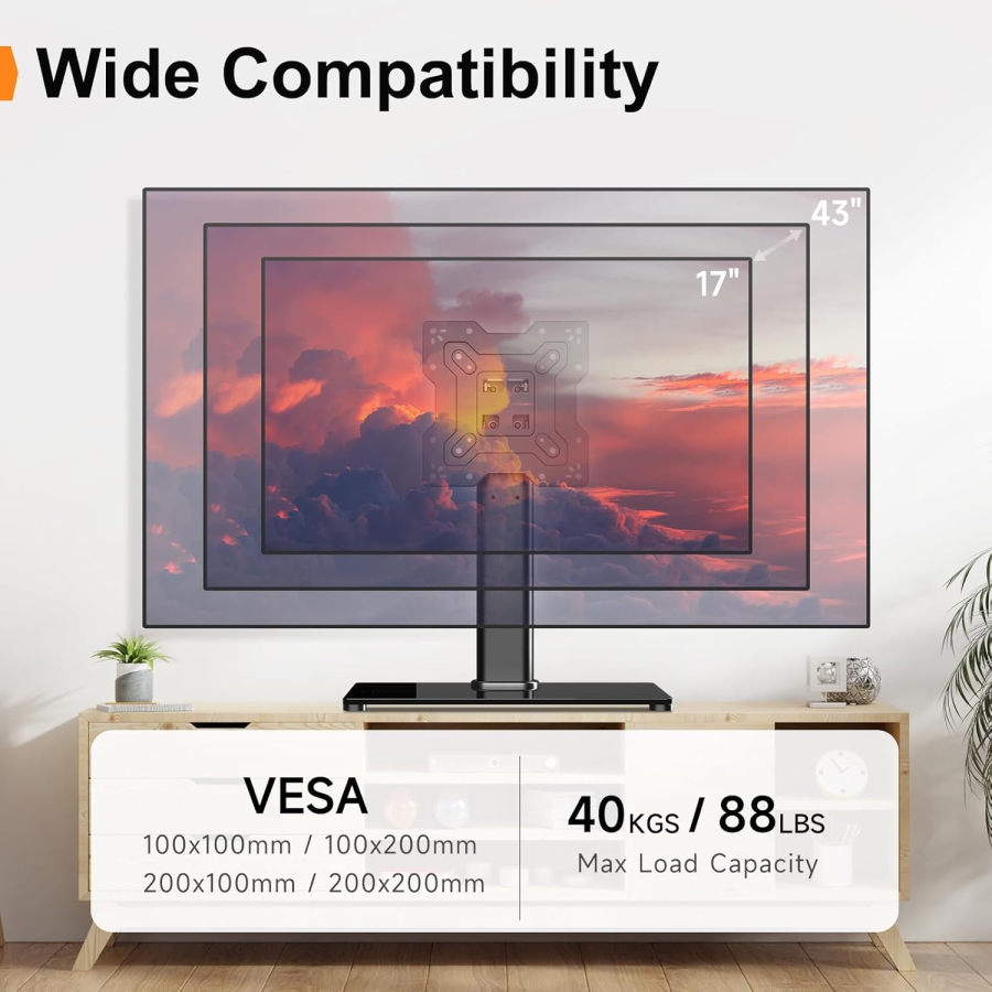 Universal TV & Monitor Ständer für 17–43 Zoll (Neigbar & Höhenverstellbar) (Eleganter Tischstandfuß mit Sicherheitsglas-Sockel für Bildschirme bis 40 kg – VESA max. 200x200 mm.)